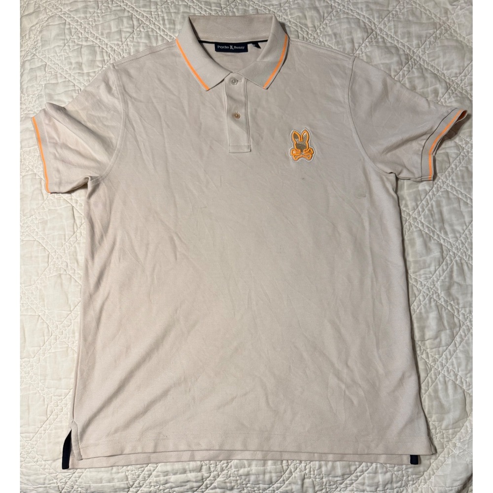 Psycho Bunny Polo Shirt Mens 5 Large Beige Orange Tipped Logo Short Sleeve Pique